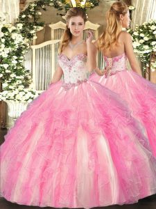 Shining Floor Length Rose Pink Ball Gown Prom Dress Sweetheart Sleeveless Lace Up