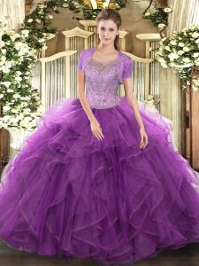 Flirting Eggplant Purple Quinceanera Gowns Military Ball and Sweet 16 with Beading and Ruffled Layers Scoop Sleeveless Clasp Handle