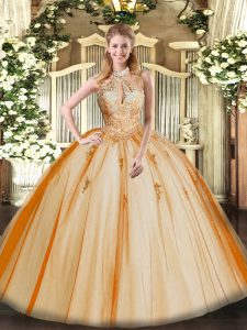 Tulle Halter Top Sleeveless Lace Up Lace and Appliques Sweet 16 Dresses in Orange Red