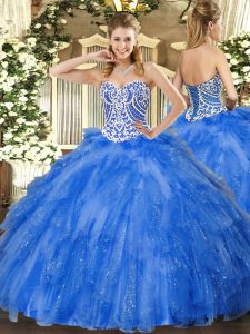 Sweetheart Sleeveless 15th Birthday Dress Floor Length Beading and Ruffles Blue Tulle