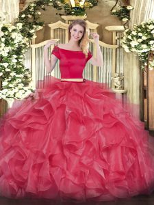 Attractive Appliques and Ruffles 15th Birthday Dress Coral Red Zipper Short Sleeves Floor Length