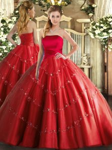 Eye-catching Red Ball Gowns Strapless Sleeveless Tulle Floor Length Lace Up Appliques 15th Birthday Dress