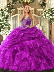 Fuchsia Sleeveless Floor Length Beading and Ruffles and Pick Ups Lace Up Quince Ball Gowns