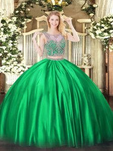 Flare Green 15th Birthday Dress Military Ball and Sweet 16 and Quinceanera with Beading Scoop Sleeveless Lace Up