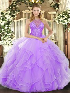 Lavender High-neck Lace Up Beading and Ruffles 15 Quinceanera Dress Sleeveless