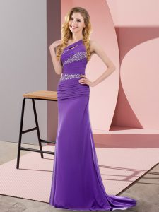 Purple Sleeveless Sweep Train Beading Floor Length Prom Dresses