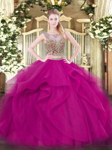 Best Selling Fuchsia Two Pieces Beading and Ruffles Quinceanera Gowns Lace Up Tulle Sleeveless Floor Length