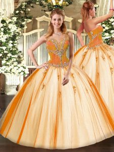Hot Selling Gold Lace Up Sweetheart Beading Quinceanera Dress Tulle Sleeveless
