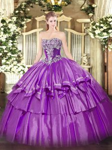 Fashionable Purple Ball Gowns Beading and Ruffled Layers 15th Birthday Dress Lace Up Organza and Taffeta Sleeveless Floor Length