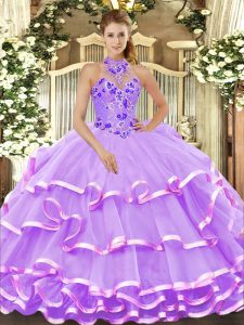 Edgy Floor Length Lace Up 15th Birthday Dress Lavender for Military Ball and Sweet 16 and Quinceanera with Beading and Embroidery and Ruffled Layers