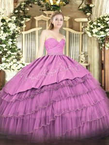 Sumptuous Fuchsia Ball Gowns Beading and Lace and Embroidery and Ruffled Layers 15th Birthday Dress Zipper Organza and Taffeta Sleeveless Floor Length