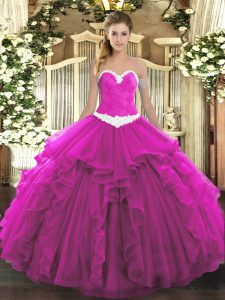 Fuchsia Sweetheart Lace Up Appliques and Ruffles 15 Quinceanera Dress Sleeveless