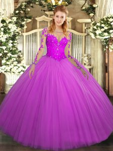 Fuchsia Tulle Lace Up Scoop Long Sleeves Floor Length Quinceanera Dress Lace