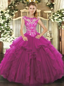 Romantic Sleeveless Floor Length Beading and Ruffles Lace Up Quinceanera Dress with Fuchsia