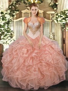 Exceptional Sweetheart Sleeveless Organza Ball Gown Prom Dress Beading and Ruffles Lace Up