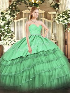 Green Zipper Quinceanera Gown Beading and Lace and Embroidery and Ruffled Layers Sleeveless Floor Length