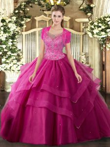 Simple Hot Pink Tulle Clasp Handle Scoop Sleeveless Floor Length Quinceanera Dress Beading and Ruffles