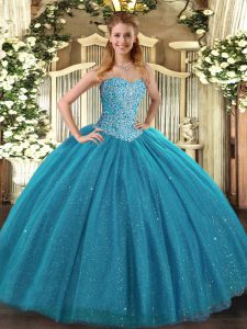 Eye-catching Sleeveless Tulle Floor Length Lace Up Vestidos de Quinceanera in Teal with Beading