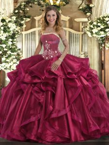 Superior Red Sleeveless Organza Lace Up 15th Birthday Dress for Military Ball and Sweet 16 and Quinceanera