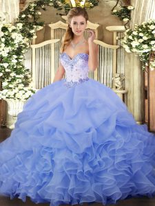 Floor Length Lavender Quinceanera Dress Organza Sleeveless Beading and Ruffles and Pick Ups