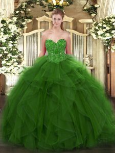 Green Ball Gowns Sweetheart Sleeveless Tulle Floor Length Lace Up Beading Quinceanera Dress