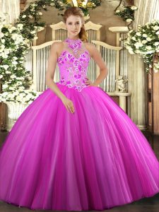 Amazing Floor Length Fuchsia Quinceanera Gowns Tulle Sleeveless Embroidery