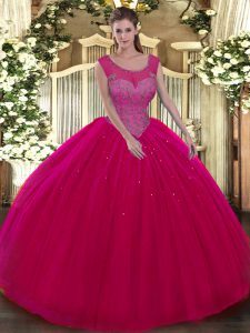 Modest Scoop Sleeveless Tulle Sweet 16 Quinceanera Dress Beading Backless