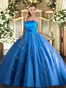 Glamorous Blue Ball Gowns Strapless Sleeveless Tulle Floor Length Lace Up Appliques Sweet 16 Dress