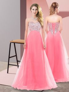 Watermelon Red Empire Tulle Sweetheart Sleeveless Beading Floor Length Lace Up Dress for Prom