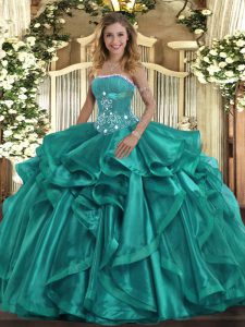 Fashion Turquoise Lace Up Strapless Beading and Ruffles Quinceanera Dresses Organza Sleeveless