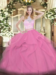 New Arrival Rose Pink Sweet 16 Dress Military Ball and Sweet 16 and Quinceanera with Lace and Ruffles Scoop Sleeveless Zipper