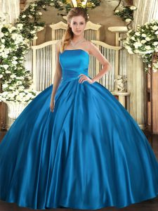 Romantic Blue Sleeveless Ruching Floor Length Quince Ball Gowns