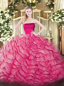 Discount Hot Pink Ball Gowns Strapless Sleeveless Tulle Brush Train Zipper Ruffled Layers Sweet 16 Dress