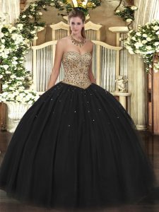 Stunning Black Ball Gowns Beading Quinceanera Gowns Lace Up Tulle Sleeveless Floor Length
