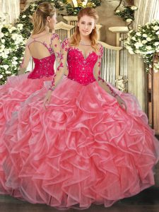 Watermelon Red Ball Gowns Lace and Ruffles Vestidos de Quinceanera Lace Up Organza Long Sleeves Floor Length