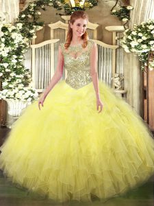 Cute Tulle Scoop Sleeveless Lace Up Beading and Ruffles Quinceanera Dress in Yellow