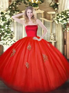 Low Price Red Tulle Zipper Strapless Sleeveless Floor Length Sweet 16 Dress Appliques