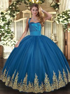 Blue Halter Top Lace Up Appliques Quinceanera Gowns Sleeveless
