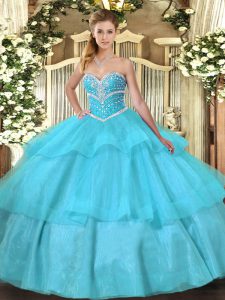 Discount Sweetheart Sleeveless Sweet 16 Quinceanera Dress Floor Length Beading and Ruffled Layers Aqua Blue Tulle