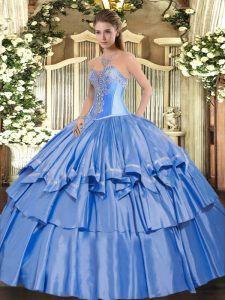 Pretty Baby Blue Sleeveless Beading and Ruffled Layers Floor Length Quinceanera Dress