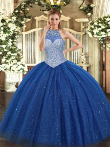 Fantastic Royal Blue Tulle Lace Up Sweet 16 Quinceanera Dress Sleeveless Floor Length Beading