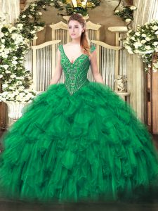 Green Ball Gowns Beading and Ruffles 15 Quinceanera Dress Lace Up Organza Sleeveless Floor Length