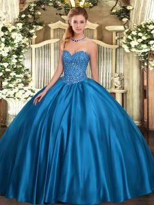Exceptional Blue Satin Lace Up Sweet 16 Dress Sleeveless Floor Length Beading
