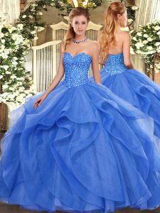 Sleeveless Tulle Floor Length Lace Up Quinceanera Gowns in Blue with Beading and Ruffles