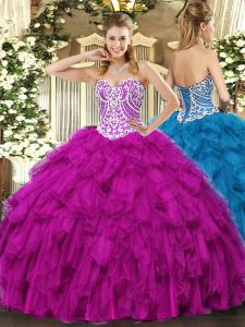 Elegant Tulle Sweetheart Sleeveless Lace Up Beading and Ruffles Quinceanera Dresses in Fuchsia