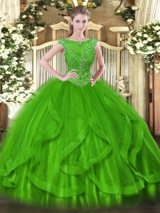 Green Ball Gowns Scoop Sleeveless Tulle Floor Length Zipper Beading Quinceanera Gowns