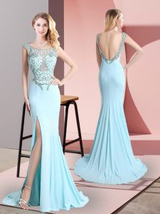 Fashion Sleeveless Chiffon Sweep Train Backless Prom Party Dress in Aqua Blue with Beading