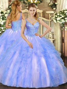 Sleeveless Tulle Floor Length Lace Up Quince Ball Gowns in Blue with Beading and Ruffles