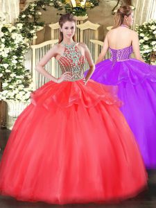 Modern Tulle Halter Top Sleeveless Lace Up Beading and Ruffles Quinceanera Dresses in Coral Red