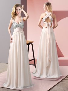 Best Selling Empire Prom Party Dress Champagne Halter Top Chiffon Sleeveless Floor Length Criss Cross